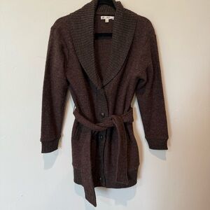 Susan Bristol Dark Brown Women's Long Cardigan 100% Wool Size Medium Warm Fall